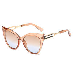 (6 PACK) Wholesale Sunglasses New Arrival Cat Eye Fashion Unique Oversized Women 2025 - BulkSunglassesWholesale.com - Champagne Frame Tea Blue Lens