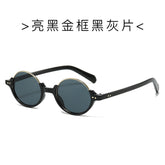 (6 PACK) Wholesale Sunglasses New Arrival Semirimless Round Vintage Trendy Unisex 2024 - BulkSunglassesWholesale.com - Shiny Black Gold Frame Black Black Lens