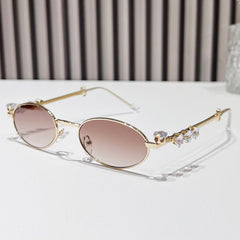 (6 PACK) Wholesale Sunglasses Women Rhinestone Round 2024 - BulkSunglassesWholesale.com - Gold Frame Gradient Tea Lens