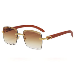 (6 PACK) Wholesale Sunglasses Rimless Cut Edge Square Rhinestone Unique Fashion Wood Grain Street Trendy 2023 - BulkSunglassesWholesale.com - Gradient Tea