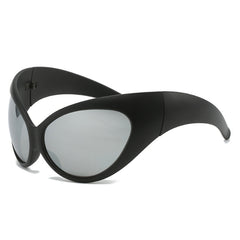 (6 PACK) Wholesale Sunglasses Unique Cat Eye Oversized Cycling Fashion Sport 2023 - BulkSunglassesWholesale.com - Matt Black Frame Mirrored Lens