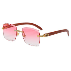 (6 PACK) Wholesale Sunglasses Rimless Cut Edge Square Rhinestone Unique Fashion Wood Grain Street Trendy 2023 - BulkSunglassesWholesale.com - Gradient Pink