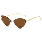 (6 PACK) Wholesale Sunglasses Rimless Triangle Cat Eye Fashion Unique Metal 2024 - BulkSunglassesWholesale.com - Gold Frame Tea Lens