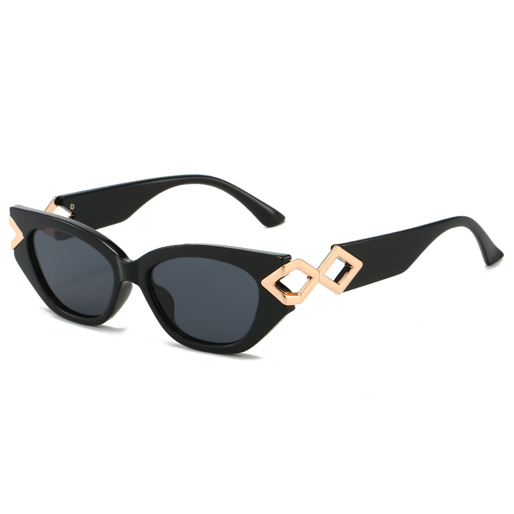 (6 PACK) Wholesale Sunglasses New Arrival Cat Eye Unique Metal Fashion Women 2024 - BulkSunglassesWholesale.com - Black Gold Frame Black Black Lens