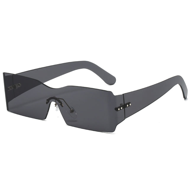 (6 PACK) Wholesale Sunglasses New Arrival One Piece Unique Square Rimless Rivet Fashion 2024 - BulkSunglassesWholesale.com - Black Lens Hover Image