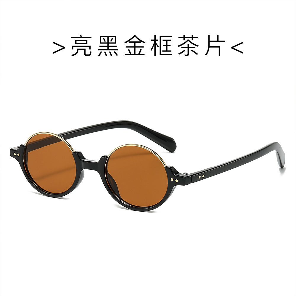 (6 PACK) Wholesale Sunglasses New Arrival Semirimless Round Vintage Trendy Unisex 2024 - BulkSunglassesWholesale.com - Shiny Black Gold Frame Tea Lens