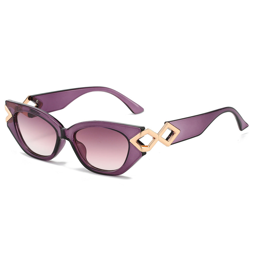 (6 PACK) Wholesale Sunglasses New Arrival Cat Eye Unique Metal Fashion Women 2024 - BulkSunglassesWholesale.com - Purple Frame Purple Lens