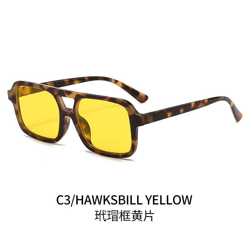 (6 PACK) Wholesale Sunglasses Double Bridge Women Fashion Trendy Square Street Vintage 2024 - BulkSunglassesWholesale.com - Leopard Print Frame Yellow Lens