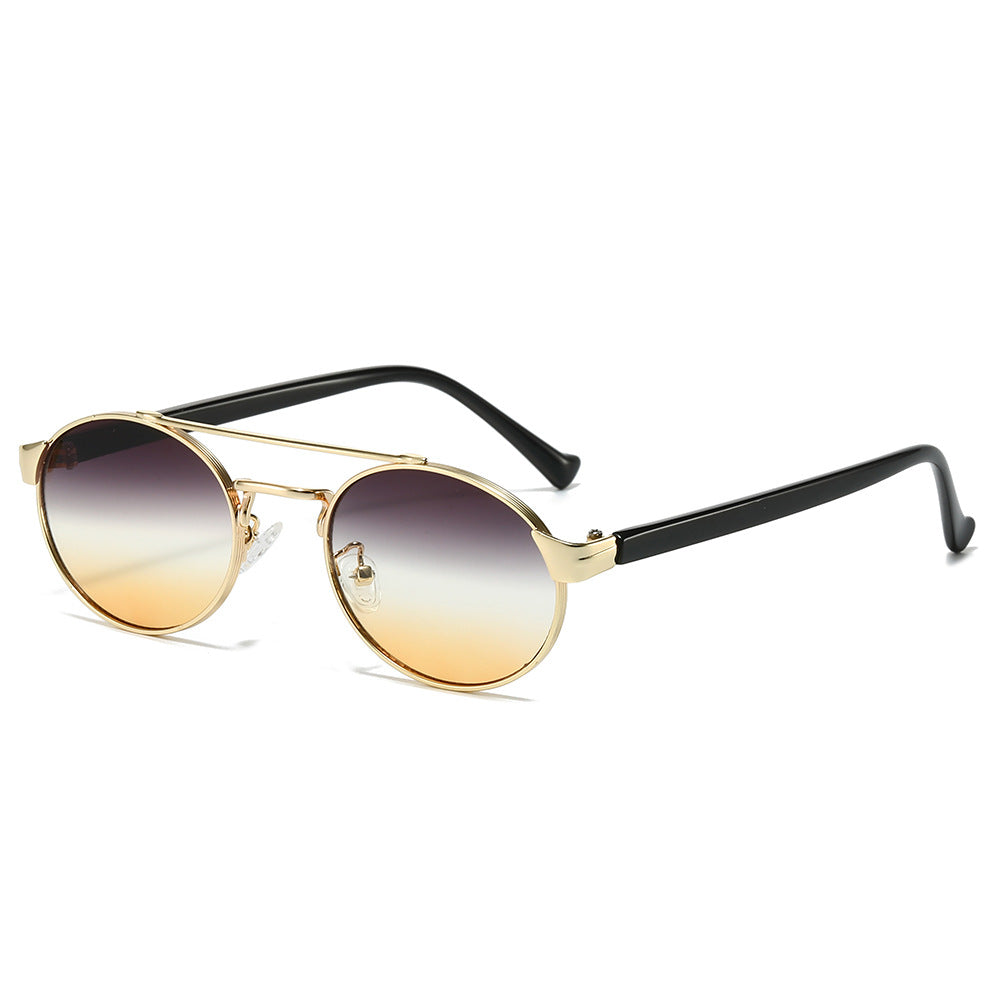 (6 PACK) Wholesale Sunglasses New Arrival Double Bridge Unique Oval 2024 - BulkSunglassesWholesale.com - Gold Frame Grey Yellow Lens ( Black Temple )