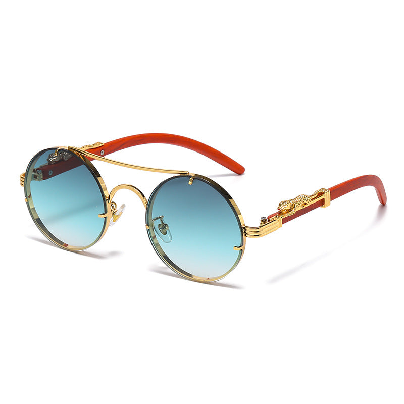 (6 PACK) Wholesale Sunglasses New Arrival Unique Round Metal Fashion Double Bridge Leopard Head 2025 - BulkSunglassesWholesale.com - Gold Frame Grey Green