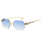 (6 PACK) Wholesale Sunglasses New Arrival Rimless Unique Leopard Head Polygon Cut Edge Fashion Women 2024 - BulkSunglassesWholesale.com - Gold Frame Gradient Blue Lens