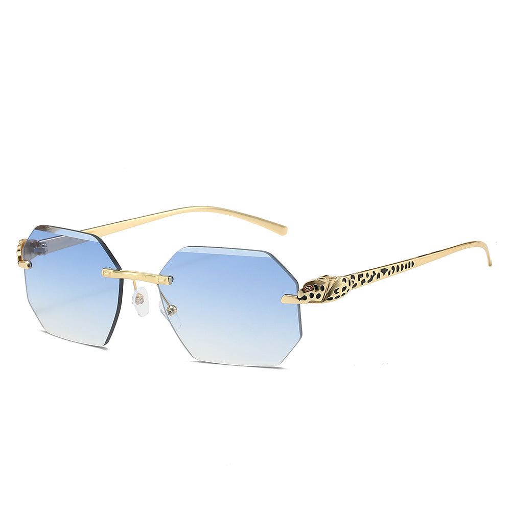 (6 PACK) Wholesale Sunglasses New Arrival Rimless Unique Leopard Head Polygon Cut Edge Fashion Women 2024 - BulkSunglassesWholesale.com - Gold Frame Gradient Blue Lens