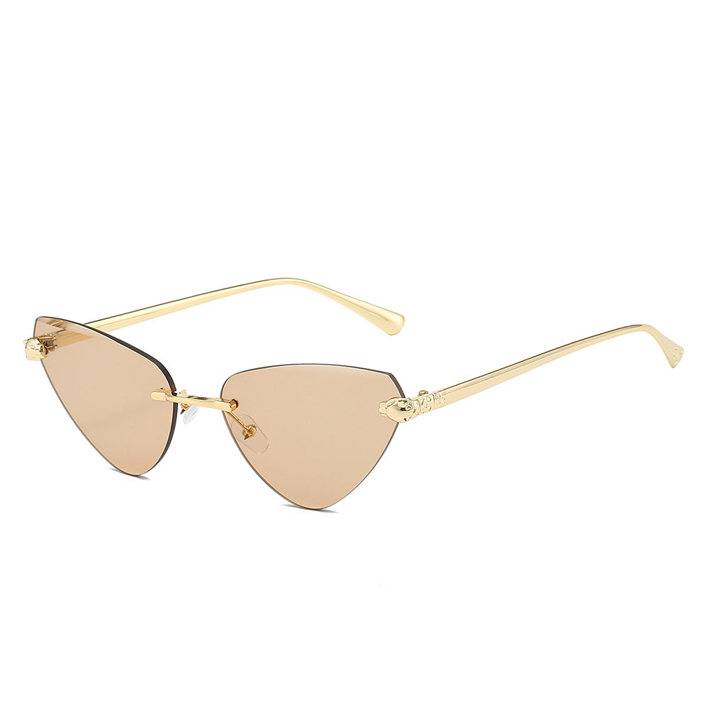 (6 PACK) Wholesale Sunglasses Fashion Cat Eye Cut Edge Trendy New Arrival Rimless Triangle 2024 - BulkSunglassesWholesale.com - Gold Frame Champagne Lens