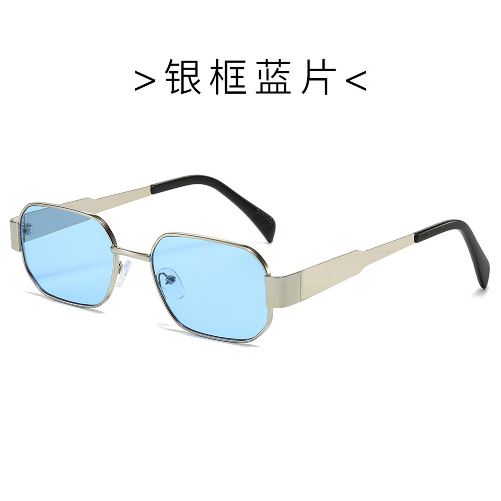 (6 PACK) Wholesale Sunglasses New Arrival Vintage Polygon Metal Women Fashion 2024 - BulkSunglassesWholesale.com - Silver Frame Blue Lens