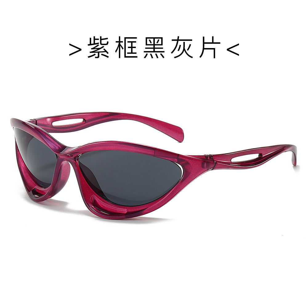 (6 PACK) Wholesale Sunglasses New Arrival Trendy Fashion Sport New Arrival Cycling Hollow 2024 - BulkSunglassesWholesale.com - Purple Frame Black Black Lens