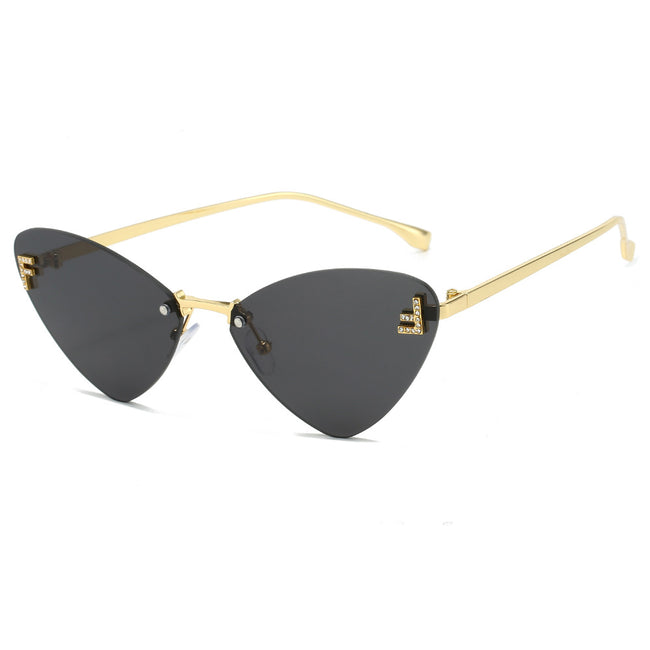 (6 PACK) Wholesale Sunglasses Rimless Triangle Cat Eye Fashion Unique Metal 2024 - BulkSunglassesWholesale.com - Gold Frame Black Lens Hover Image