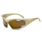 (12 PACK) Wholesale Sports Sunglasses New Arrival Hollow Trendy Street Cycling Sport Women 2024 - BulkSunglassesWholesale.com - Gold Frame Gold Mirrored