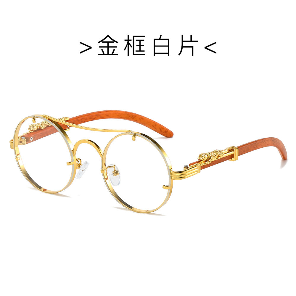 (6 PACK) Wholesale Sunglasses New Arrival Classic Vintage Double Bridge Leopard Head Men Metal Round 2024 - BulkSunglassesWholesale.com - Gold Frame Clear Lens