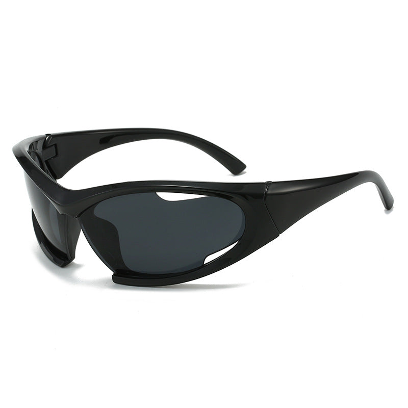 (12 PACK) Wholesale Sports Sunglasses New Arrival Hollow Trendy Street Cycling Sport Women 2024 - BulkSunglassesWholesale.com - Black Frame Black Lens