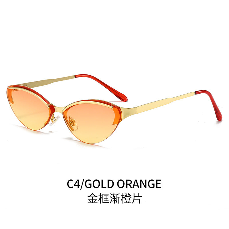 (6 PACK) Wholesale Sunglasses New Arrival Trendy Metal Rimless Cat Eye Women Fashion Trendy 2024 - BulkSunglassesWholesale.com - Gold Frame Gradient Orange Lens