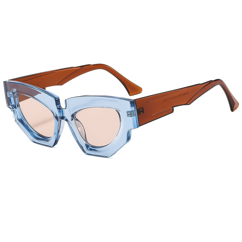 (6 PACK) Wholesale Sunglasses New Arrival Cat Eye Unique Hip Hop Fashion Women 2024 - BulkSunglassesWholesale.com - Blue Frame Champagne Lens