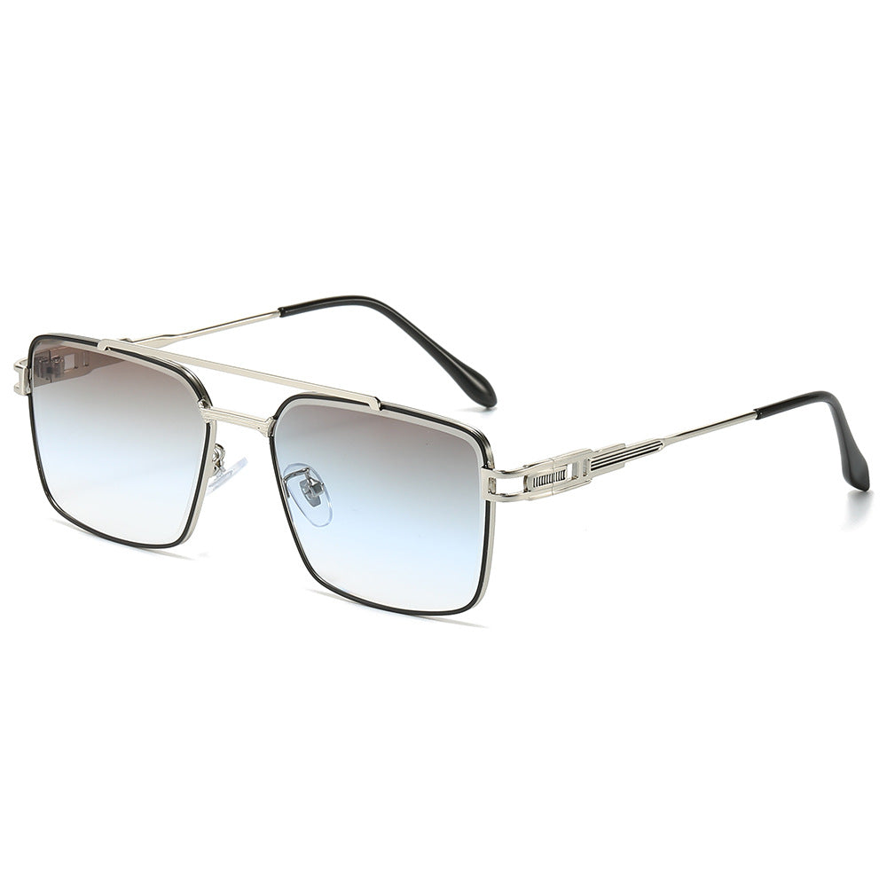 (6 PACK) Wholesale Sunglasses New Arrival Fashion Double Bridge Cut Edge Metal Men Women 2024 - BulkSunglassesWholesale.com - Gold Frame Tea Blue Lens