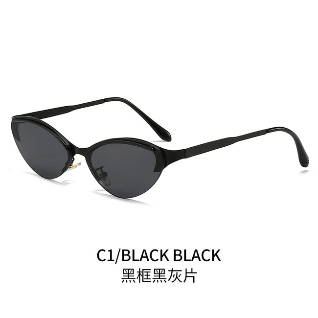 (6 PACK) Wholesale Sunglasses New Arrival Trendy Metal Rimless Cat Eye Women Fashion Trendy 2024 - BulkSunglassesWholesale.com - Black Frame Black Black Lens Hover Image