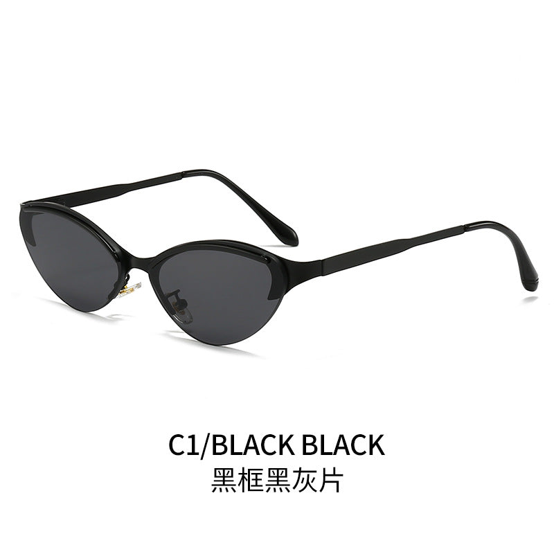 (6 PACK) Wholesale Sunglasses New Arrival Trendy Metal Rimless Cat Eye Women Fashion Trendy 2024 - BulkSunglassesWholesale.com - Black Frame Black Black Lens