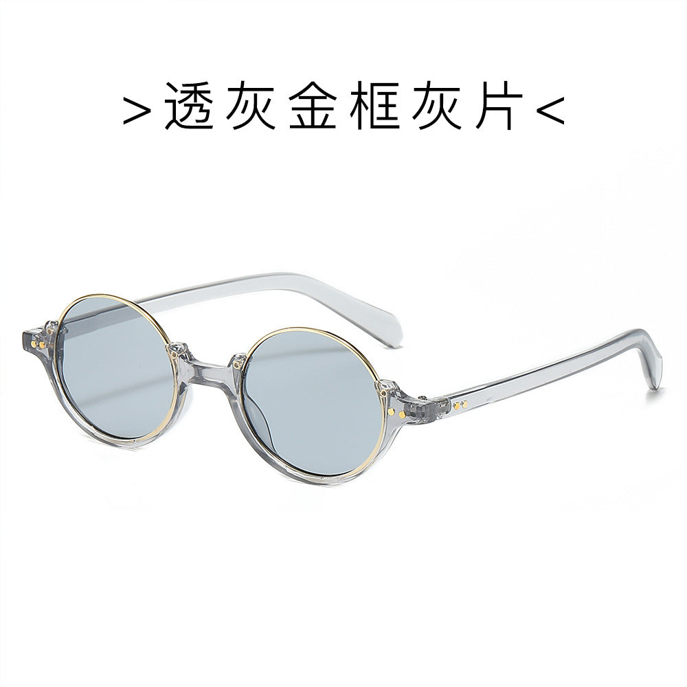 (6 PACK) Wholesale Sunglasses New Arrival Semirimless Round Vintage Trendy Unisex 2024 - BulkSunglassesWholesale.com - Clear Grey Gold Frame Black Lens