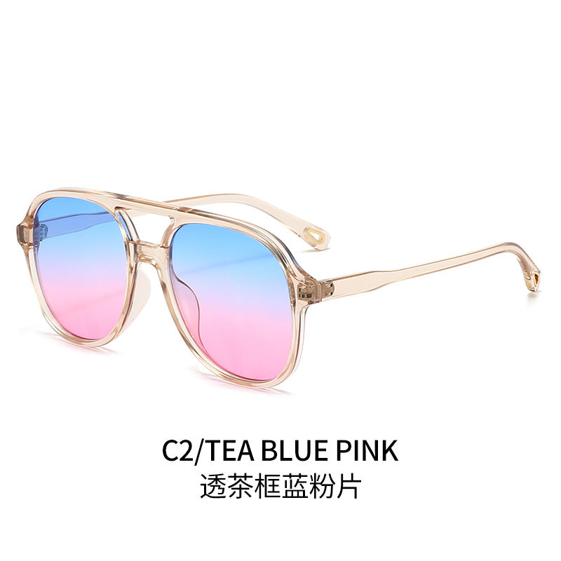 (6 PACK) Wholesale Sunglasses Double Bridge Round Aviator Outdoor 2024 - BulkSunglassesWholesale.com - Clear Tea Frame Blue Pink Lens