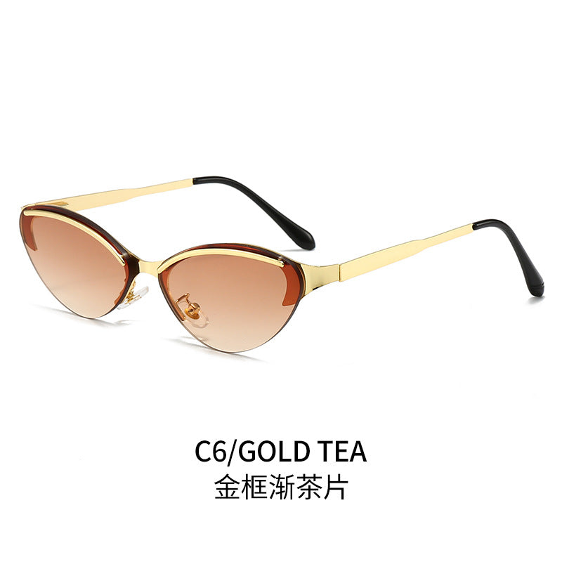 (6 PACK) Wholesale Sunglasses New Arrival Trendy Metal Rimless Cat Eye Women Fashion Trendy 2024 - BulkSunglassesWholesale.com - Gold Frame Gradient Tea Lens