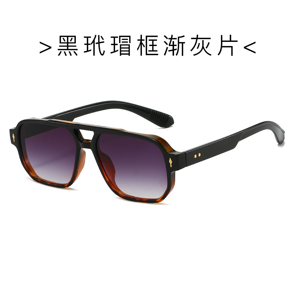 (6 PACK) Wholesale Sunglasses New Arrival Fashion Double Bridge Rivet Vintage 2024 - BulkSunglassesWholesale.com - Black Leopard Print Frame Gradient Black Lens