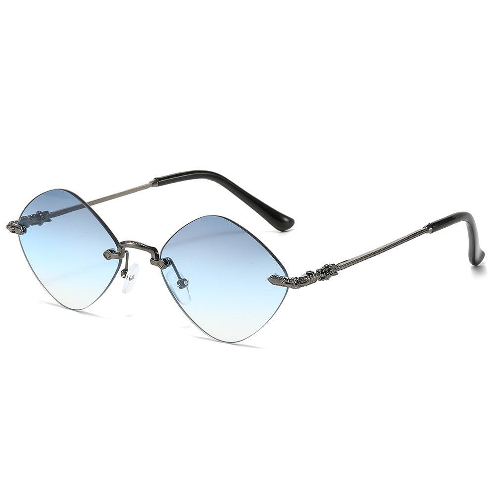 (6 PACK) Wholesale Sunglasses Fashion Unique Rimless Women Small 2024 - BulkSunglassesWholesale.com - Gunmetal Gradient Blue Lens
