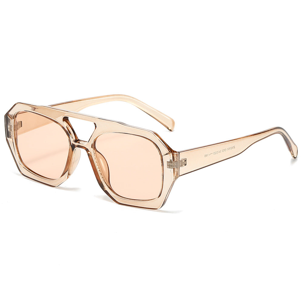 (6 PACK) Wholesale Sunglasses Double Bridge Vintage Unique Trendy Women 2024 - BulkSunglassesWholesale.com - Champagne Frame Tea Lens