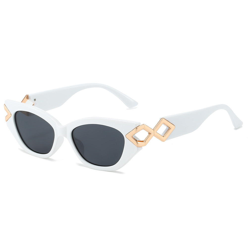 (6 PACK) Wholesale Sunglasses New Arrival Cat Eye Unique Metal Fashion Women 2024 - BulkSunglassesWholesale.com - White Frame Black Lens