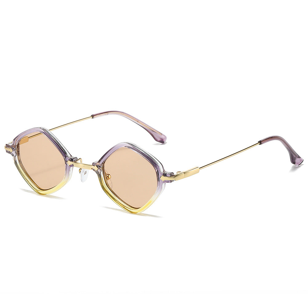 (6 PACK) Wholesale Sunglasses New Arrival Punk Hip Hop Small Unique Women 2024 - BulkSunglassesWholesale.com - Purple Yellow Frame Tea Lens