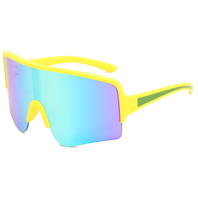 (12 PACK) Wholesale Sports Sunglasses Outdoor Sport Kids Cycling 2024 - BulkSunglassesWholesale.com - Yellow Frame Blue Mirrored Hover Image