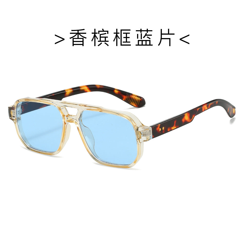 (6 PACK) Wholesale Sunglasses New Arrival Fashion Double Bridge Rivet Vintage 2024 - BulkSunglassesWholesale.com - Champagne Frame Blue Lens