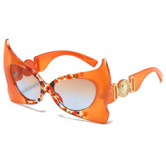 (6 PACK) Wholesale Sunglasses New Arrival Unique Fashion Trendy Bat 2024 - BulkSunglassesWholesale.com - Orange Frame Tea Blue Lens