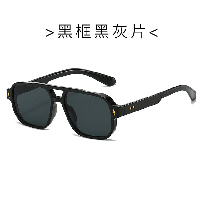 (6 PACK) Wholesale Sunglasses New Arrival Fashion Double Bridge Rivet Vintage 2024 - BulkSunglassesWholesale.com - Black Frame Black Black Lens Hover Image