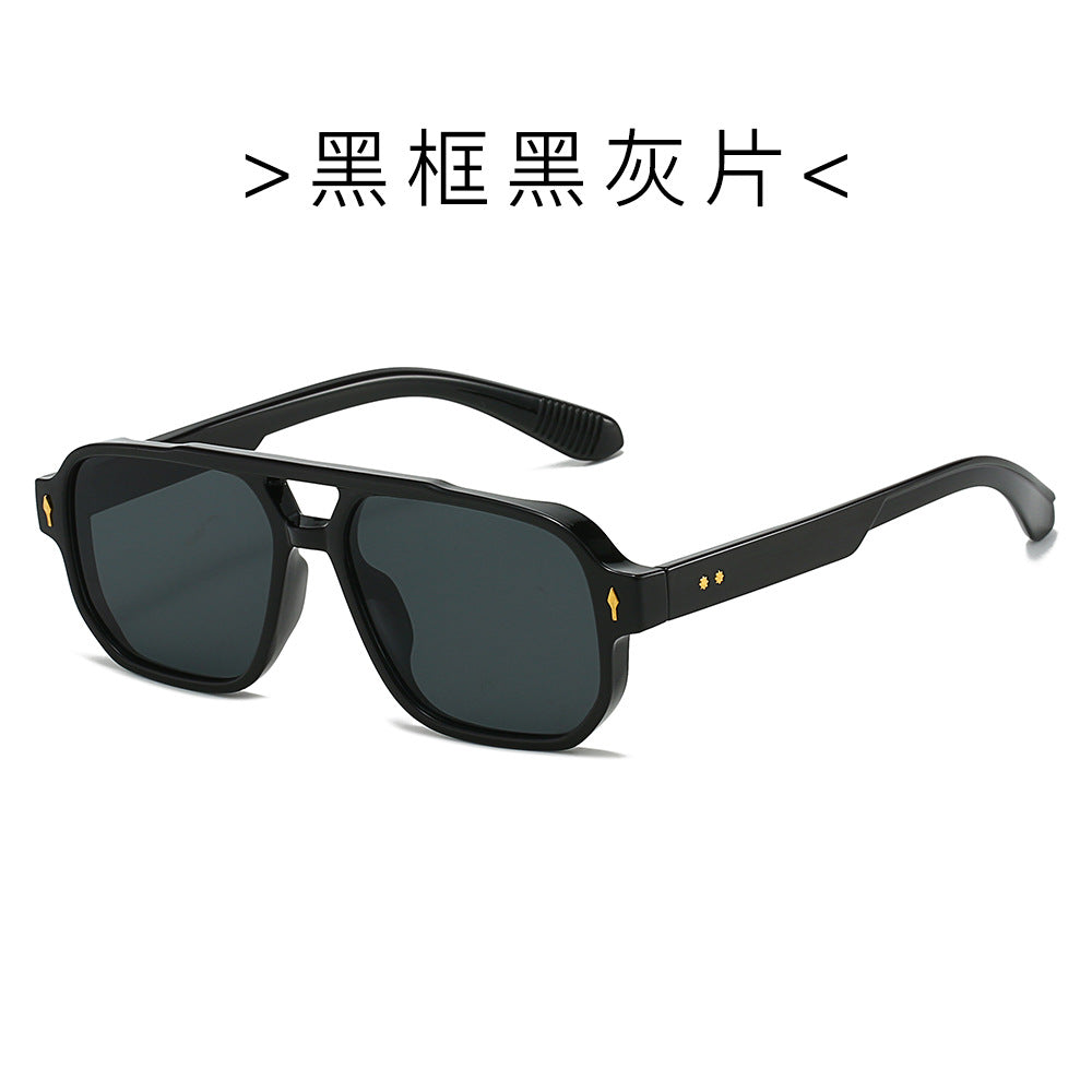 (6 PACK) Wholesale Sunglasses New Arrival Fashion Double Bridge Rivet Vintage 2024 - BulkSunglassesWholesale.com - Black Frame Black Black Lens