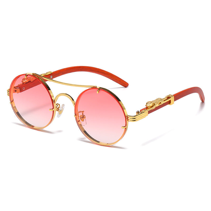 (6 PACK) Wholesale Sunglasses New Arrival Unique Round Metal Fashion Double Bridge Leopard Head 2025 - BulkSunglassesWholesale.com - Gold Frame Gradient Pink