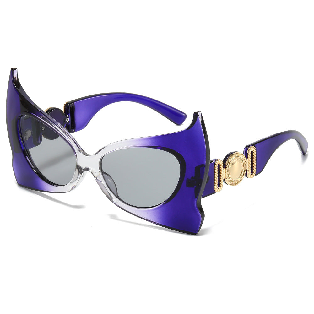 (6 PACK) Wholesale Sunglasses New Arrival Unique Fashion Trendy Bat 2024 - BulkSunglassesWholesale.com - Grey Purple Frame Black Lens