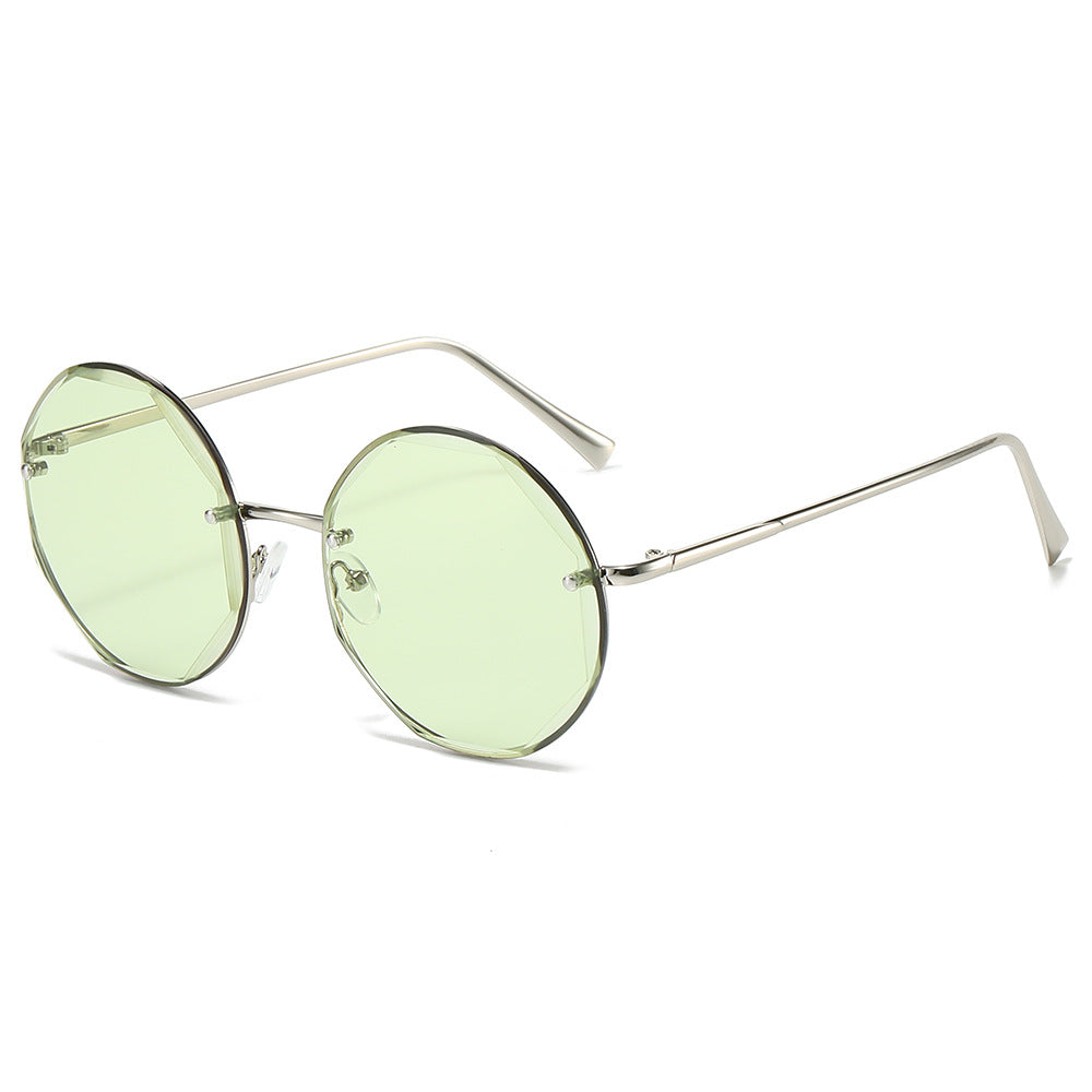 (6 PACK) Wholesale Sunglasses New Arrival Round Fashion Unique Rimless Metal Women 2024 - BulkSunglassesWholesale.com - Silver Frame Green Lens