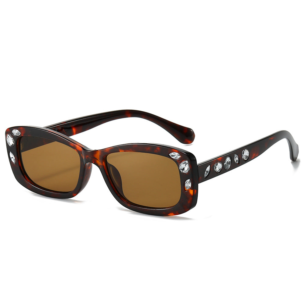 (6 PACK) Wholesale Sunglasses New Arrival Small Fashion Trendy Women Round Rhinestone Hip Hop Trendy 2024 - BulkSunglassesWholesale.com - Leopard Print Frame Tea Lens