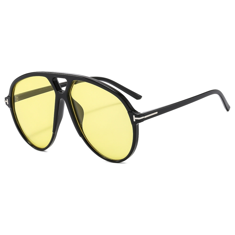 (6 PACK) Wholesale Sunglasses New Arrival Oversized Aviator Double Bridge Fashion Women 2024 - BulkSunglassesWholesale.com - Black Frame Yellow Lens