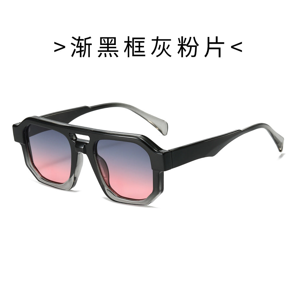 (6 PACK) Wholesale Sunglasses Double Bridge Trendy Unique Punk Fashion 2024 - BulkSunglassesWholesale.com - Gradient Black Frame Grey Pink Lens