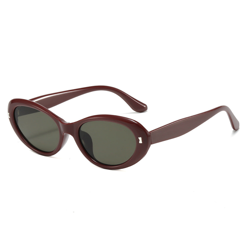 (6 PACK) Wholesale Sunglasses Oval Cat Eye Women Trendy Street 2025 - BulkSunglassesWholesale.com - Red Frame Green Lens