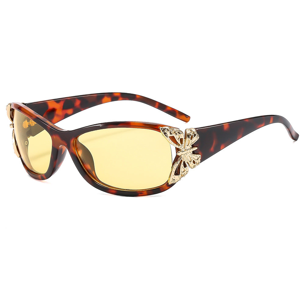 (6 PACK) Wholesale Sunglasses New Arrival Fashion Unique Butterfly Women 2024 - BulkSunglassesWholesale.com - Leopard Print Frame Yellow Lens