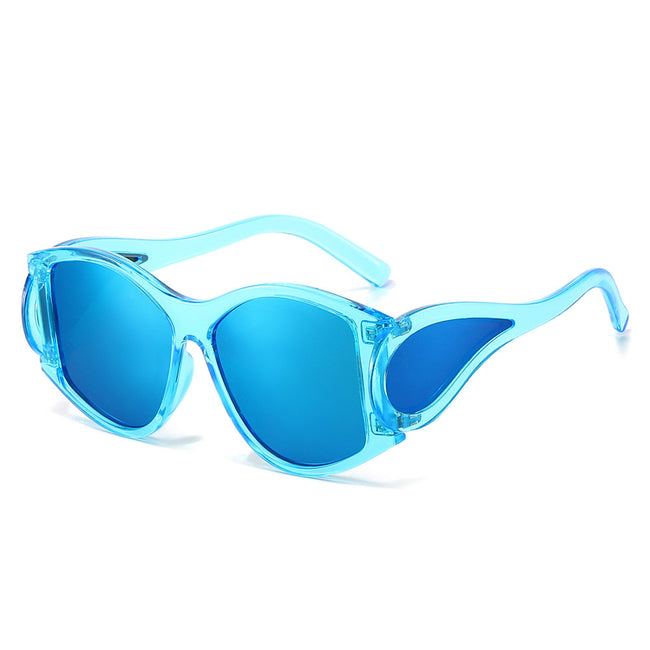 (6 PACK) Wholesale Sunglasses New Arrival Round Oversized Unique Punk Fashion Women 2024 - BulkSunglassesWholesale.com - Blue Frame Blue Lens Hover Image